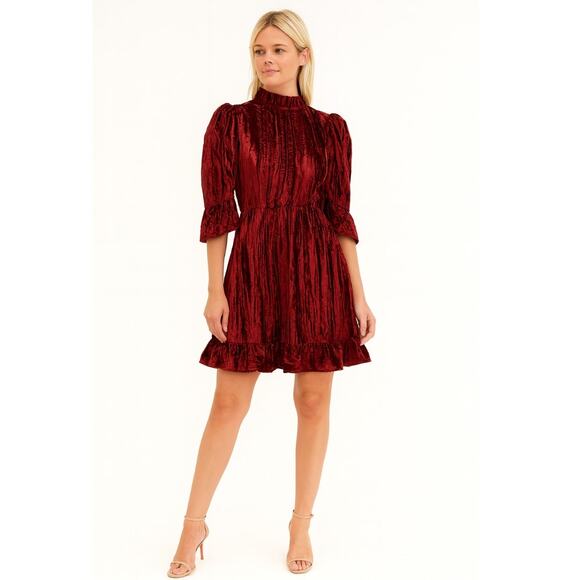 Batsheva Ruffled Plissé Cotton-Velvet Mini Dress 2 Red NEW - Picture 1 of 7